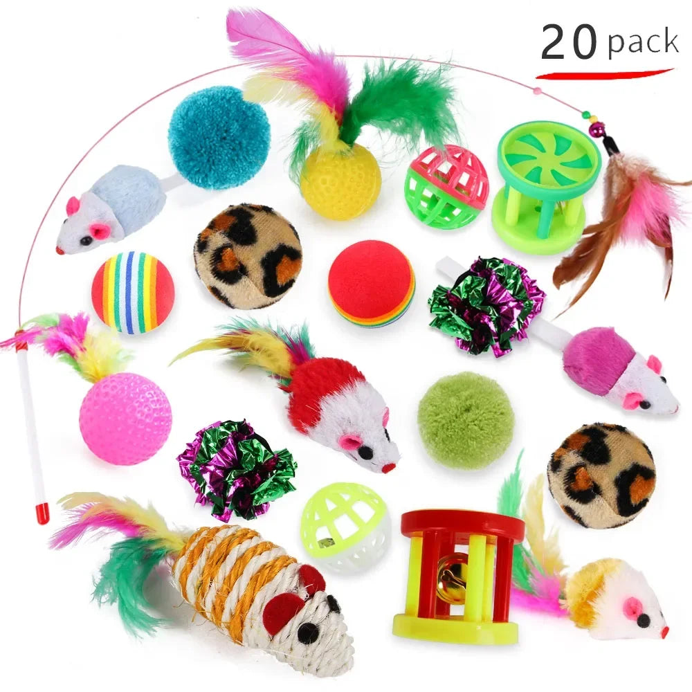 12Pcs 20Pcs Cat Toy Set Pet Kitten Toys Variety Combination Funny Cat Stick Sisal Mouse Bell Ball Cat Supplies for Cats Kitten