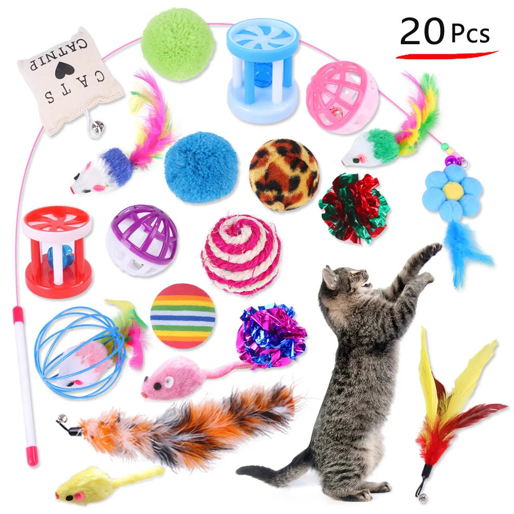12Pcs 20Pcs Cat Toy Set Pet Kitten Toys Variety Combination Funny Cat Stick Sisal Mouse Bell Ball Cat Supplies for Cats Kitten