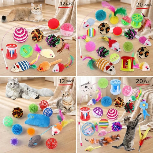 12Pcs 20Pcs Cat Toy Set Pet Kitten Toys Variety Combination Funny Cat Stick Sisal Mouse Bell Ball Cat Supplies for Cats Kitten